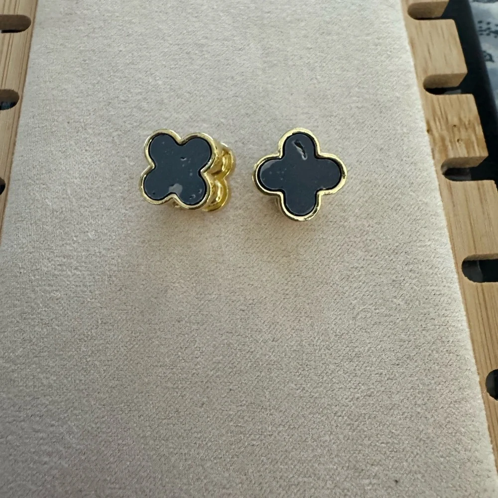 Chic Gold and Black Clover Earrings - Picture 3 of 5